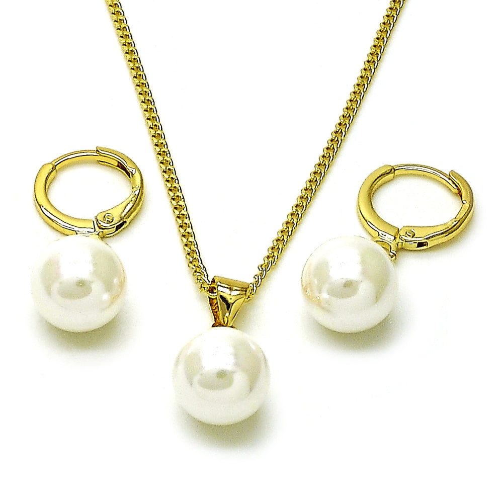 Oro Laminado Earring and Pendant Adult Set, Gold Filled Style Ball Design, with Ivory Mother of Pearl, Polished, Golden Finish