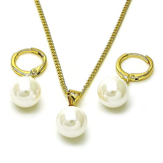 Oro Laminado Earring and Pendant Adult Set, Gold Filled Style Ball Design, with Ivory Mother of Pearl, Polished, Golden Finish