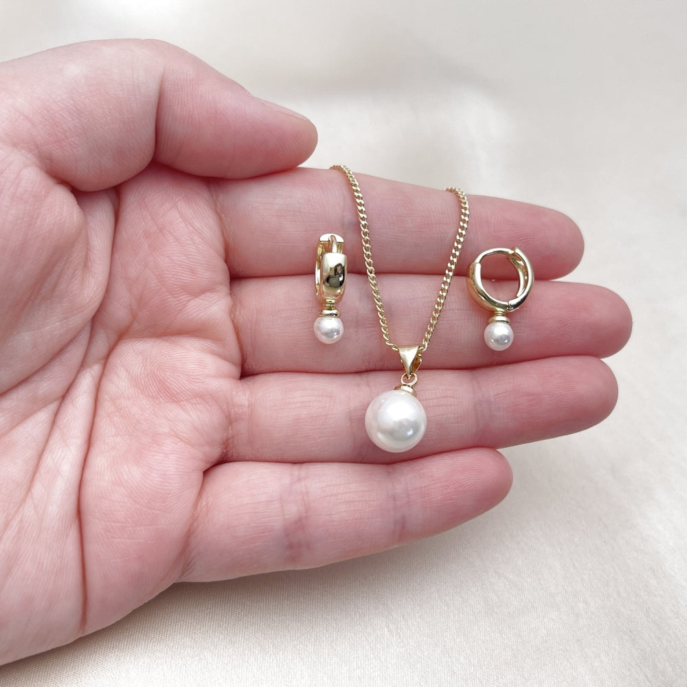 Oro Laminado Earring and Pendant Adult Set, Gold Filled Style Ball Design, with Ivory Mother of Pearl, Polished, Golden Finish