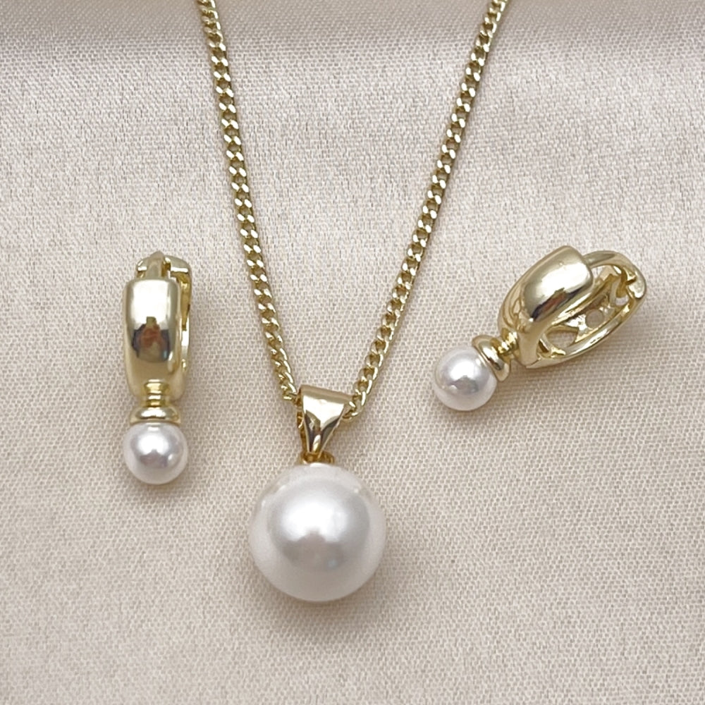 Oro Laminado Earring and Pendant Adult Set, Gold Filled Style Ball Design, with Ivory Mother of Pearl, Polished, Golden Finish