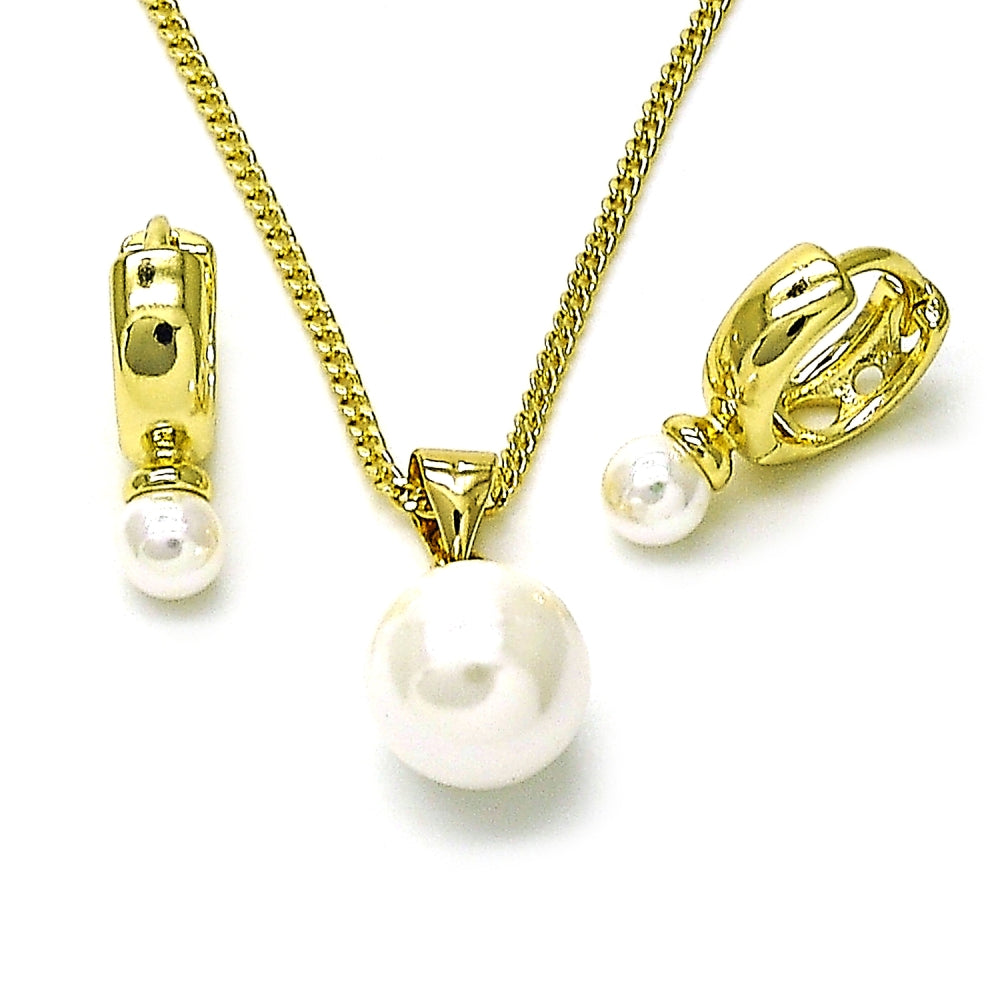 Oro Laminado Earring and Pendant Adult Set, Gold Filled Style Ball Design, with Ivory Mother of Pearl, Polished, Golden Finish