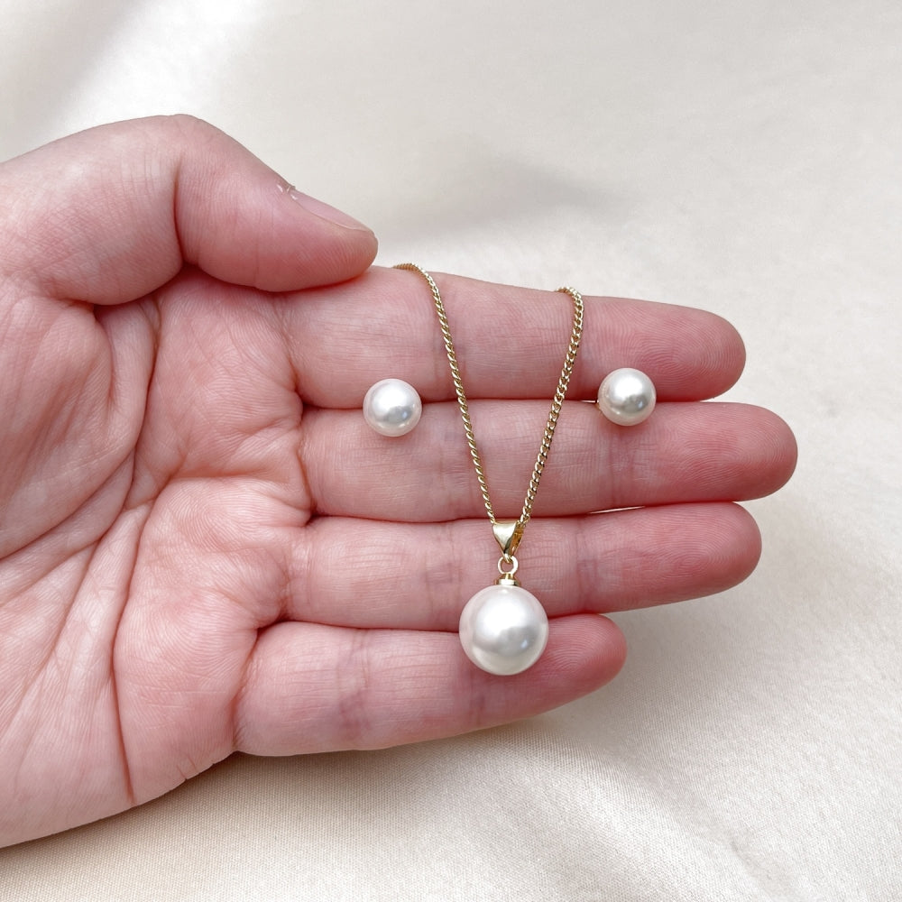 Oro Laminado Earring and Pendant Adult Set, Gold Filled Style Ball Design, with Ivory Pearl, Polished, Golden Finish