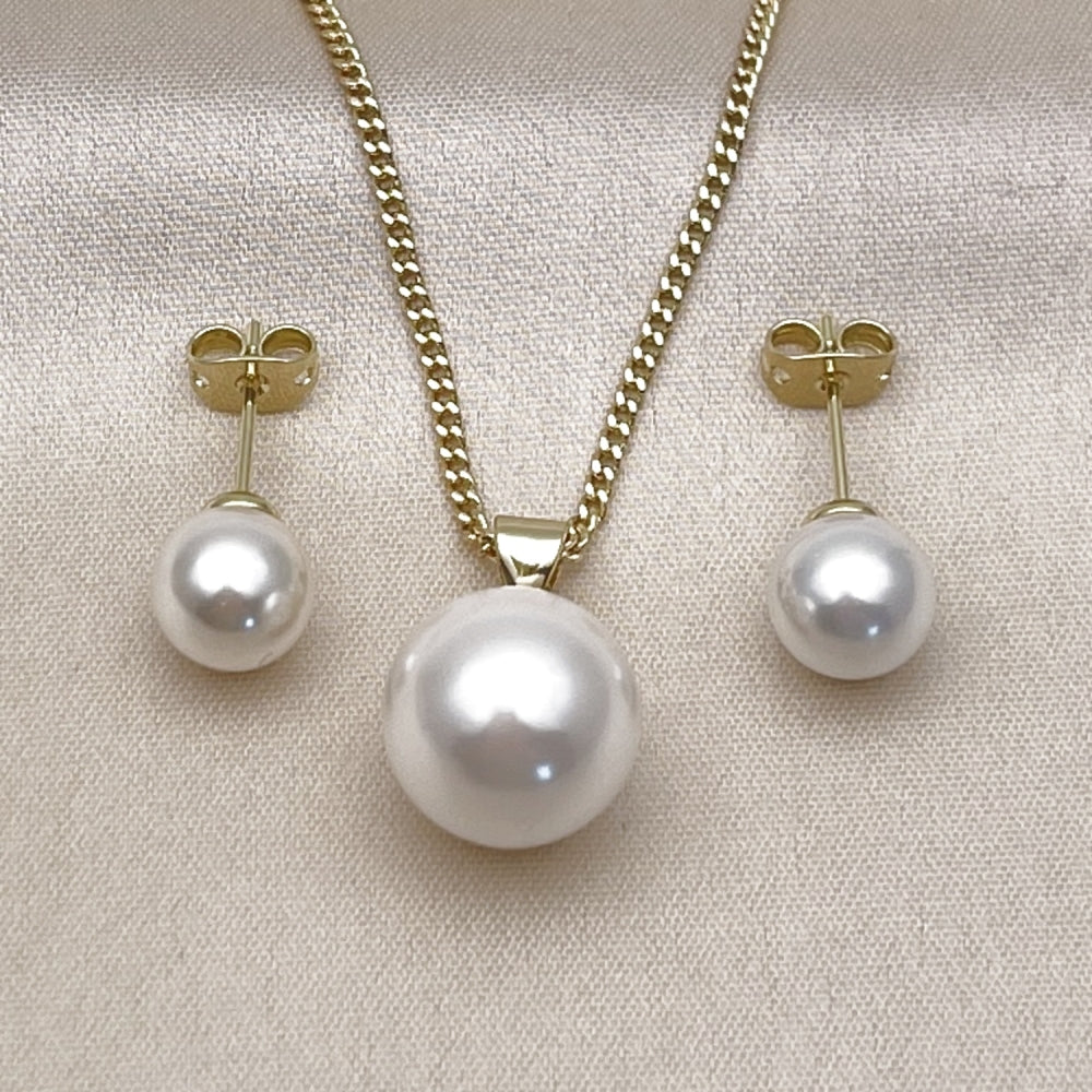 Oro Laminado Earring and Pendant Adult Set, Gold Filled Style Ball Design, with Ivory Pearl, Polished, Golden Finish