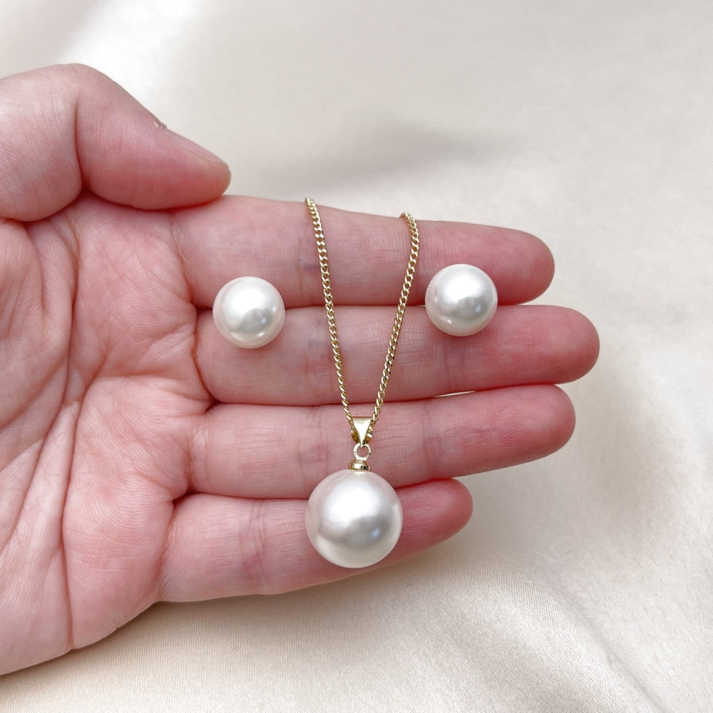 Oro Laminado Earring and Pendant Adult Set, Gold Filled Style Ball Design, with Ivory Pearl, Polished, Golden Finish