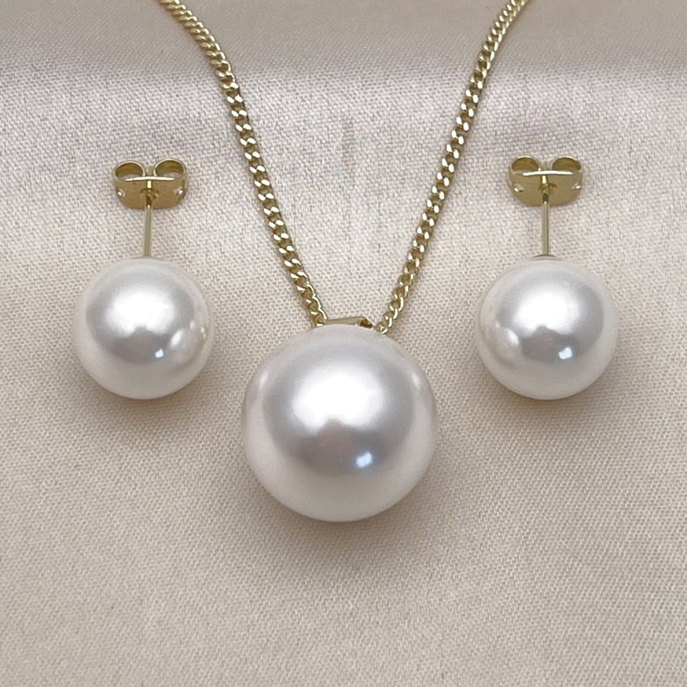 Oro Laminado Earring and Pendant Adult Set, Gold Filled Style Ball Design, with Ivory Pearl, Polished, Golden Finish