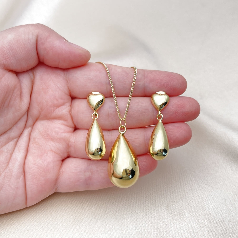 Oro Laminado Earring and Pendant Adult Set, Gold Filled Style Teardrop and Hollow Design, Polished, Golden Finish