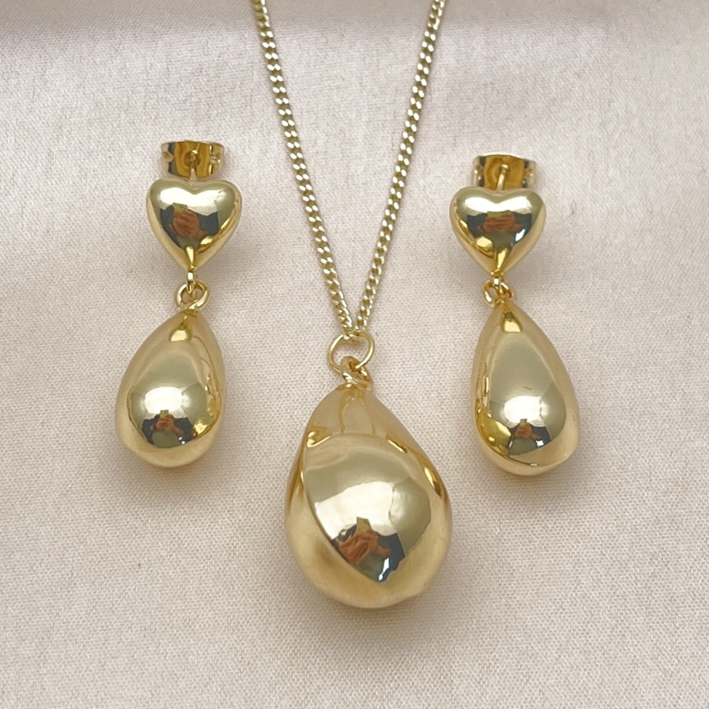 Oro Laminado Earring and Pendant Adult Set, Gold Filled Style Teardrop and Hollow Design, Polished, Golden Finish