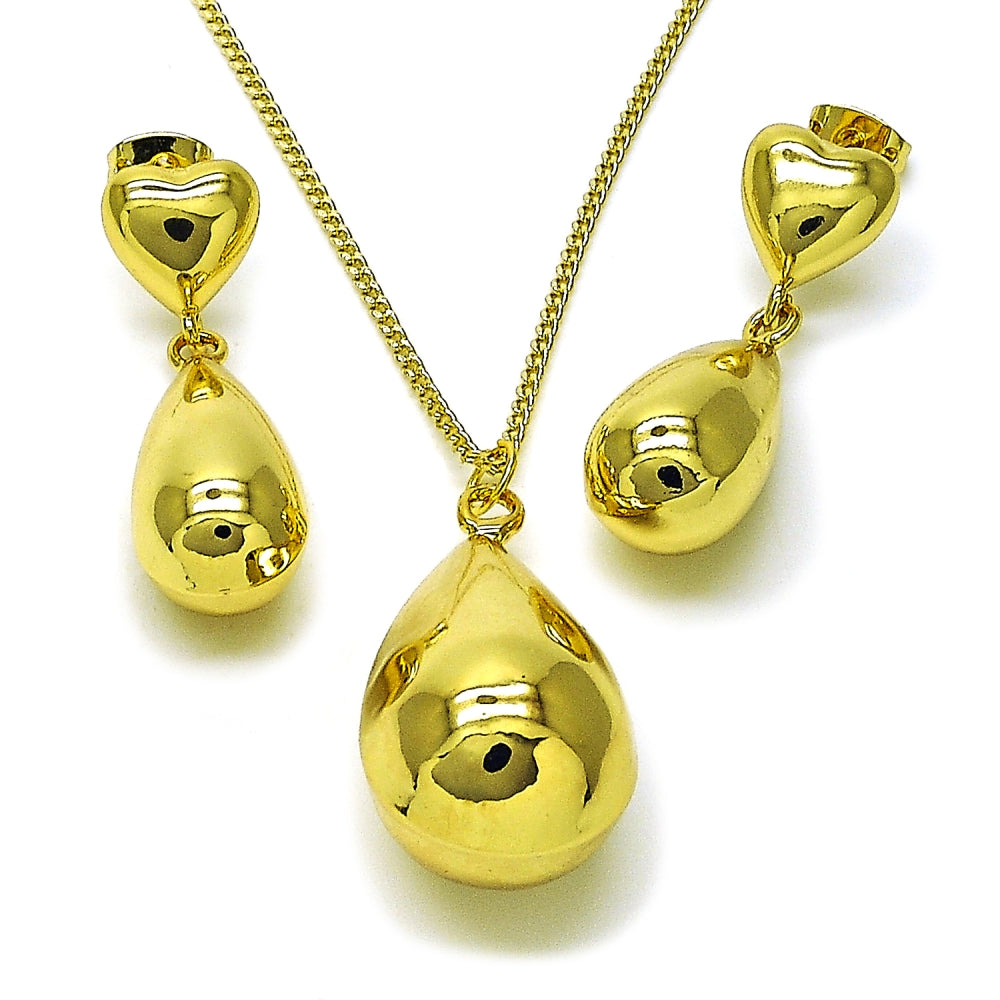 Oro Laminado Earring and Pendant Adult Set, Gold Filled Style Teardrop and Hollow Design, Polished, Golden Finish