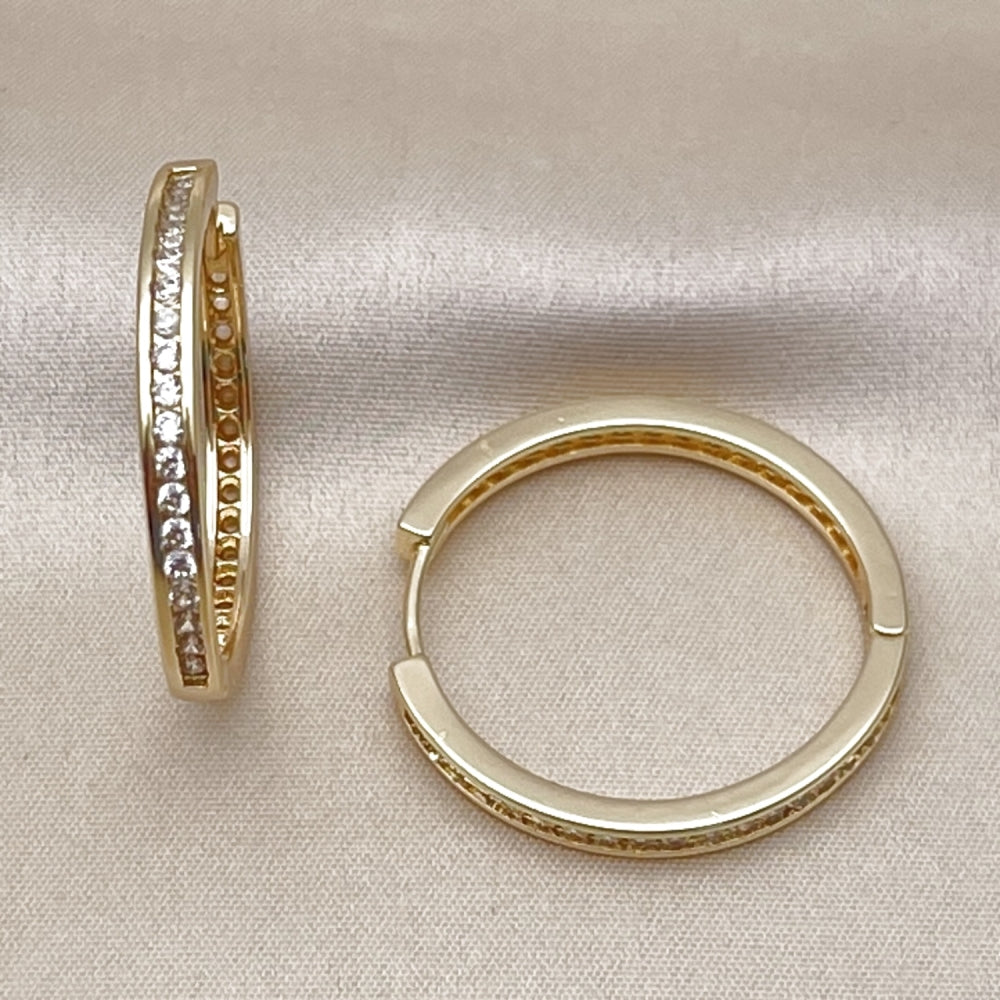 Oro Laminado Huggie Hoop, Gold Filled Style with White Cubic Zirconia, Polished, Golden Finish
