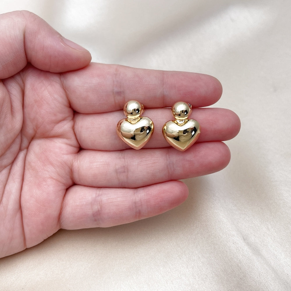 Oro Laminado Stud Earring, Gold Filled Style Heart and Ball Design, Polished, Golden Finish