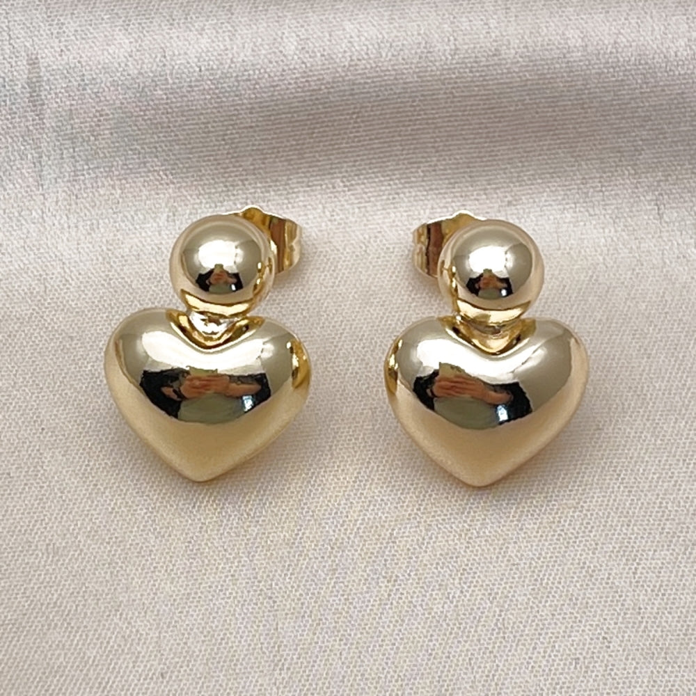 Oro Laminado Stud Earring, Gold Filled Style Heart and Ball Design, Polished, Golden Finish