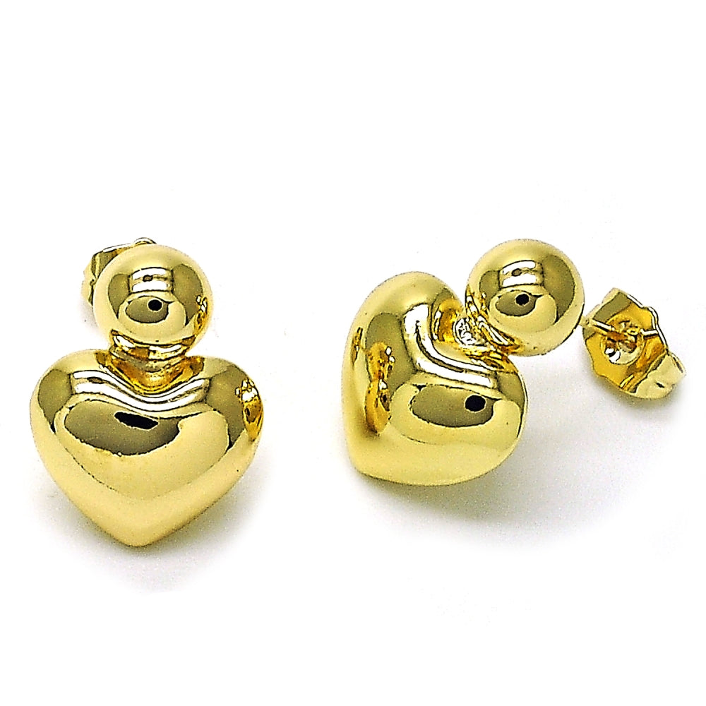 Oro Laminado Stud Earring, Gold Filled Style Heart and Ball Design, Polished, Golden Finish