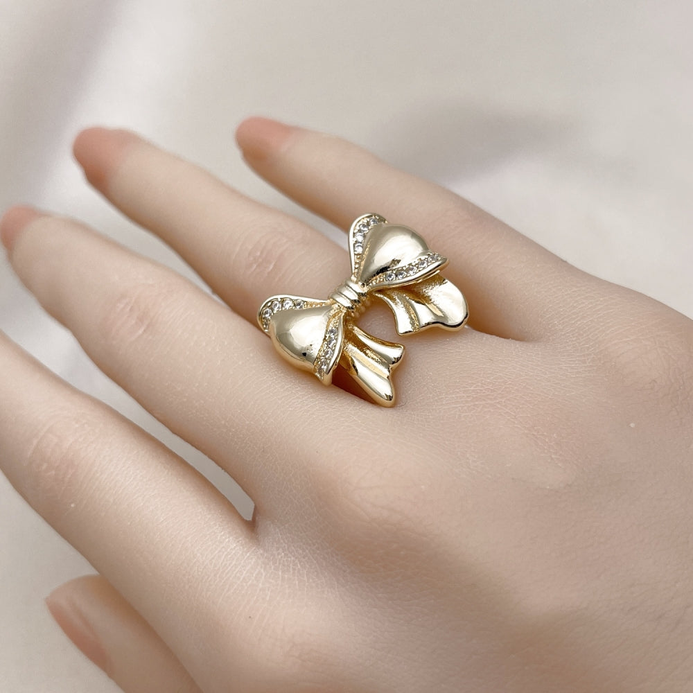 Oro Laminado Multi Stone Ring, Gold Filled Style Bow Design, with White Cubic Zirconia, Polished, Golden Finish