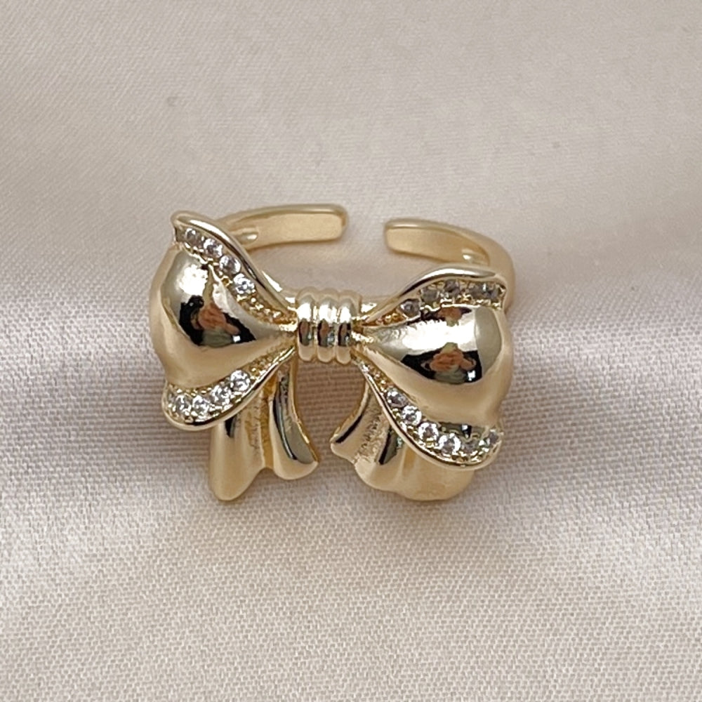 Oro Laminado Multi Stone Ring, Gold Filled Style Bow Design, with White Cubic Zirconia, Polished, Golden Finish