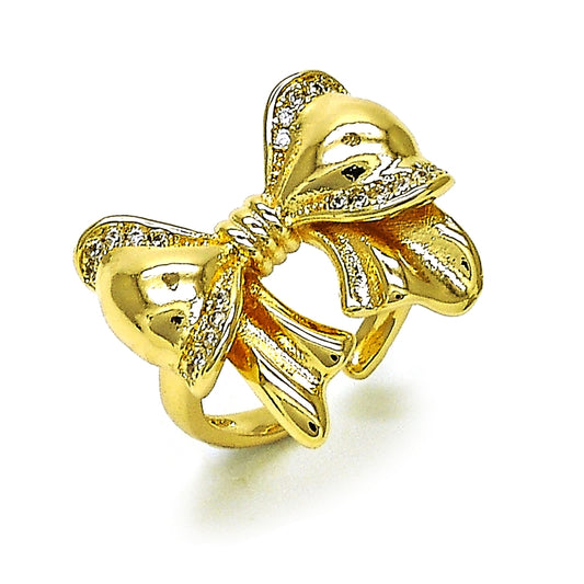 Oro Laminado Multi Stone Ring, Gold Filled Style Bow Design, with White Cubic Zirconia, Polished, Golden Finish