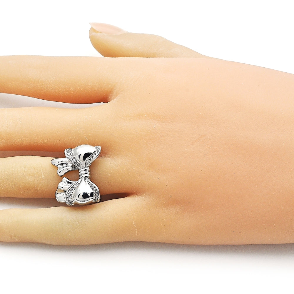 Rhodium Gold Filled Multi Stone Ring, Bow Design, with White Cubic Zirconia, Polished, Rhodium Finish