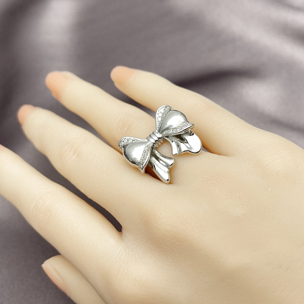 Rhodium Gold Filled Multi Stone Ring, Bow Design, with White Cubic Zirconia, Polished, Rhodium Finish
