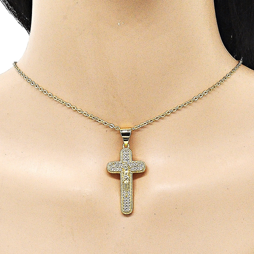 Oro Laminado Religious Pendant, Gold Filled Style Cross and Crucifix Design, with White Micro Pave, Polished, Golden Finish