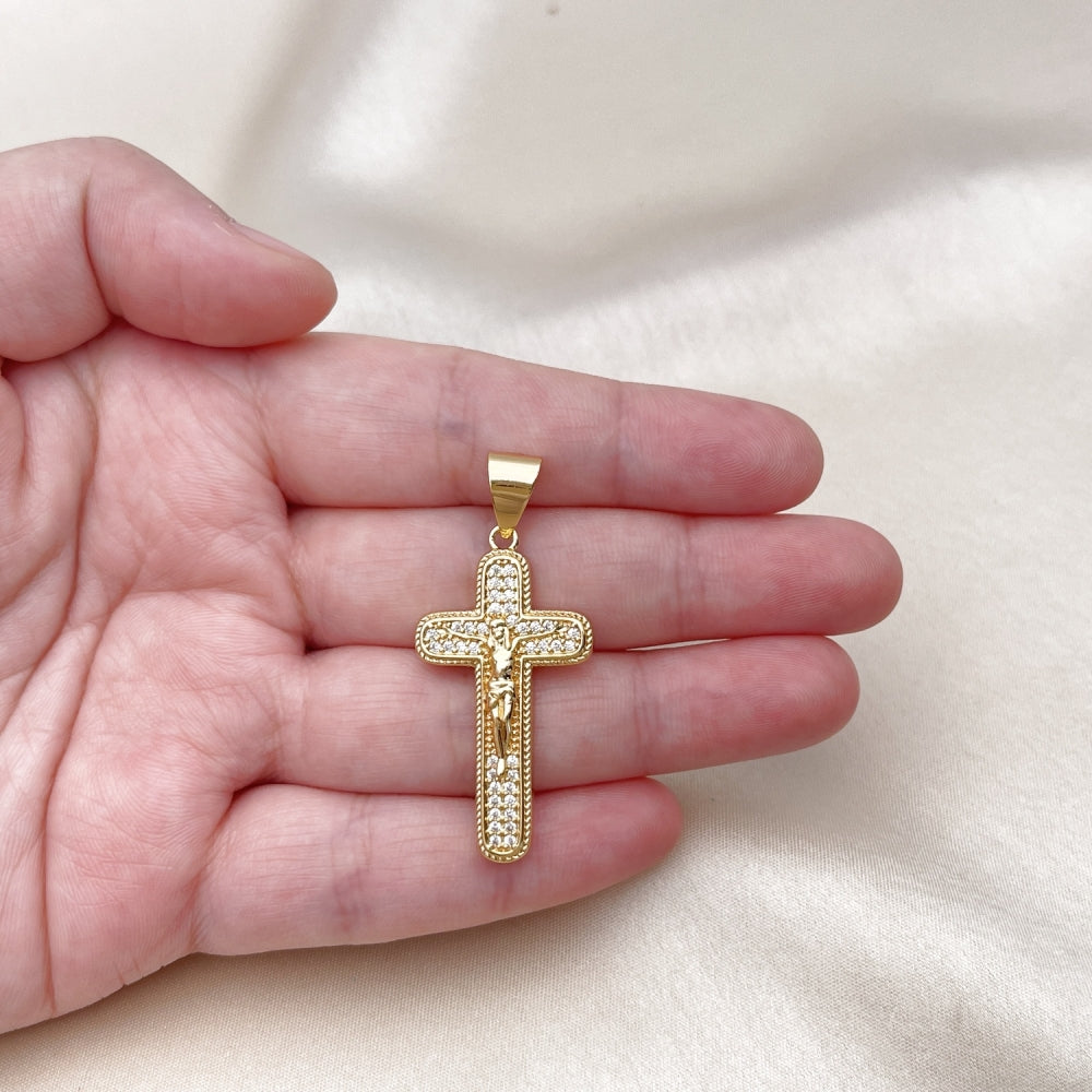 Oro Laminado Religious Pendant, Gold Filled Style Cross and Crucifix Design, with White Micro Pave, Polished, Golden Finish