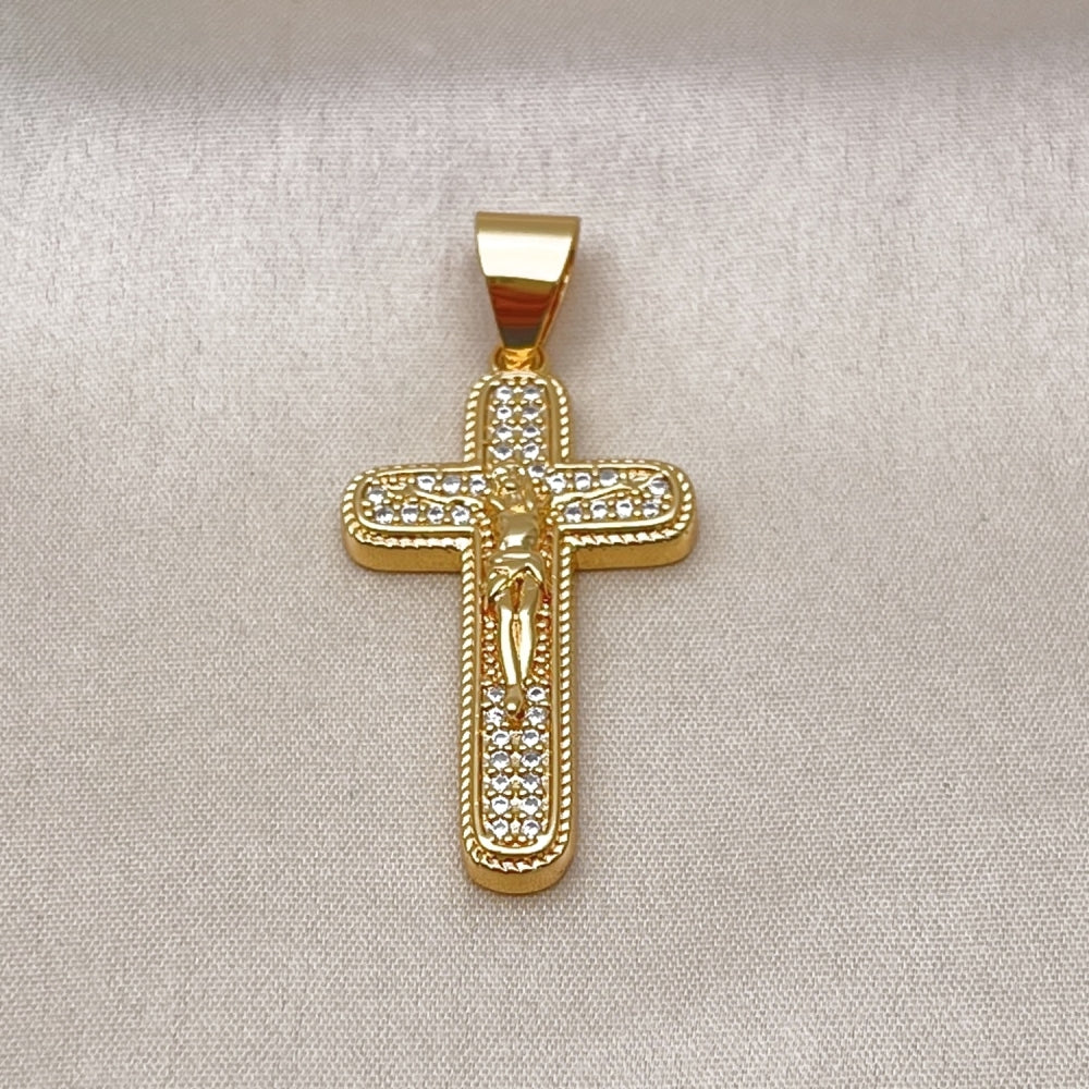 Oro Laminado Religious Pendant, Gold Filled Style Cross and Crucifix Design, with White Micro Pave, Polished, Golden Finish