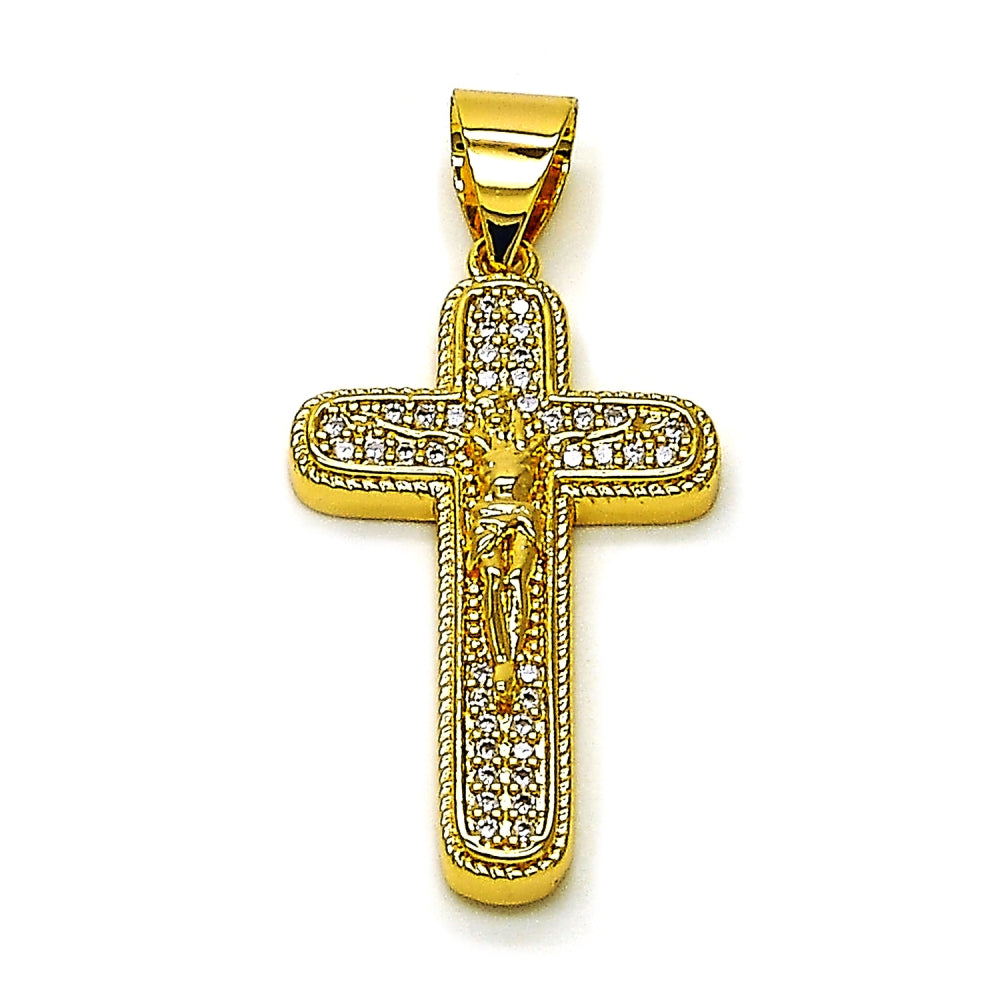 Oro Laminado Religious Pendant, Gold Filled Style Cross and Crucifix Design, with White Micro Pave, Polished, Golden Finish