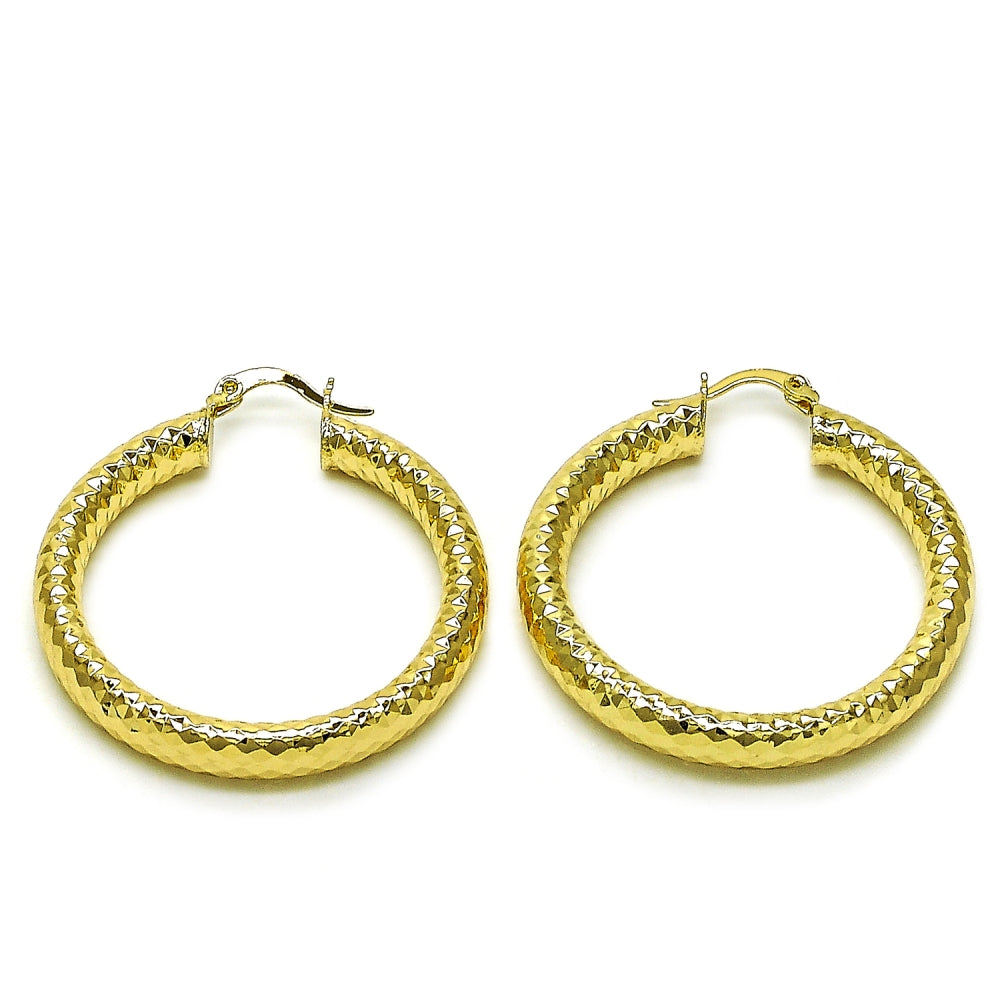 Oro Laminado Medium Hoop, Gold Filled Style Hollow Design, Diamond Cutting Finish, Golden Finish