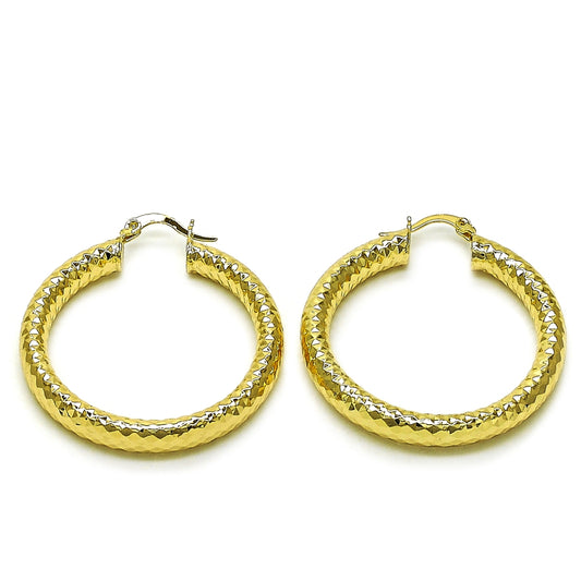 Oro Laminado Medium Hoop, Gold Filled Style Hollow Design, Diamond Cutting Finish, Golden Finish