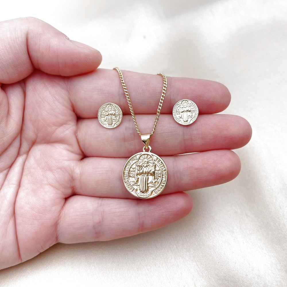 Oro Laminado Earring and Pendant Adult Set, Gold Filled Style San Benito Design, Polished, Golden Finish