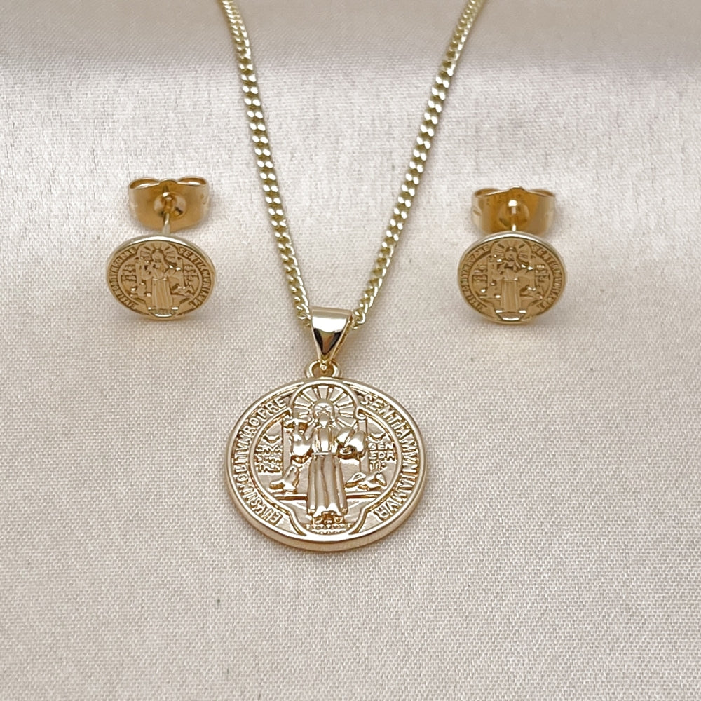 Oro Laminado Earring and Pendant Adult Set, Gold Filled Style San Benito Design, Polished, Golden Finish