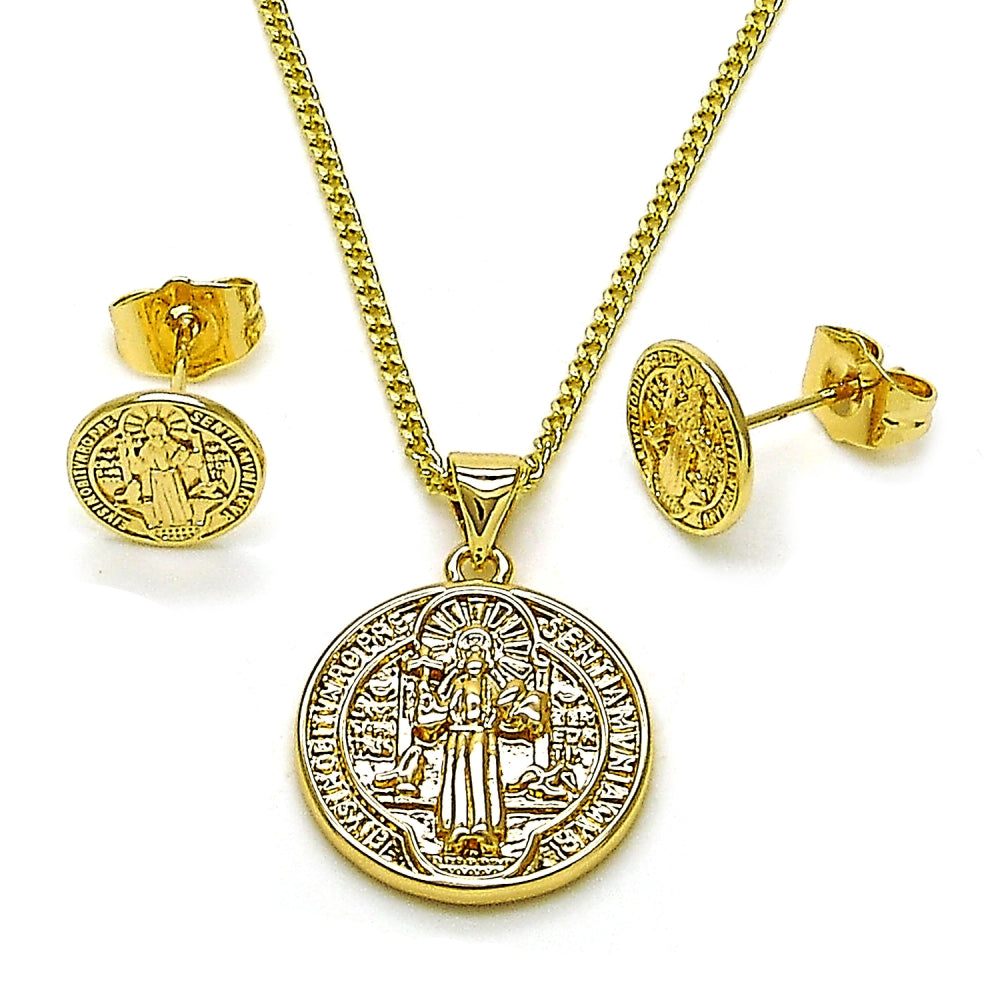 Oro Laminado Earring and Pendant Adult Set, Gold Filled Style San Benito Design, Polished, Golden Finish