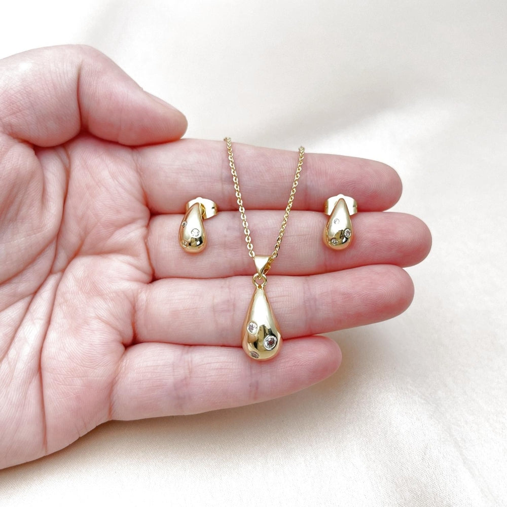 Oro Laminado Earring and Pendant Adult Set, Gold Filled Style Teardrop Design, with White Cubic Zirconia, Polished, Golden Finish