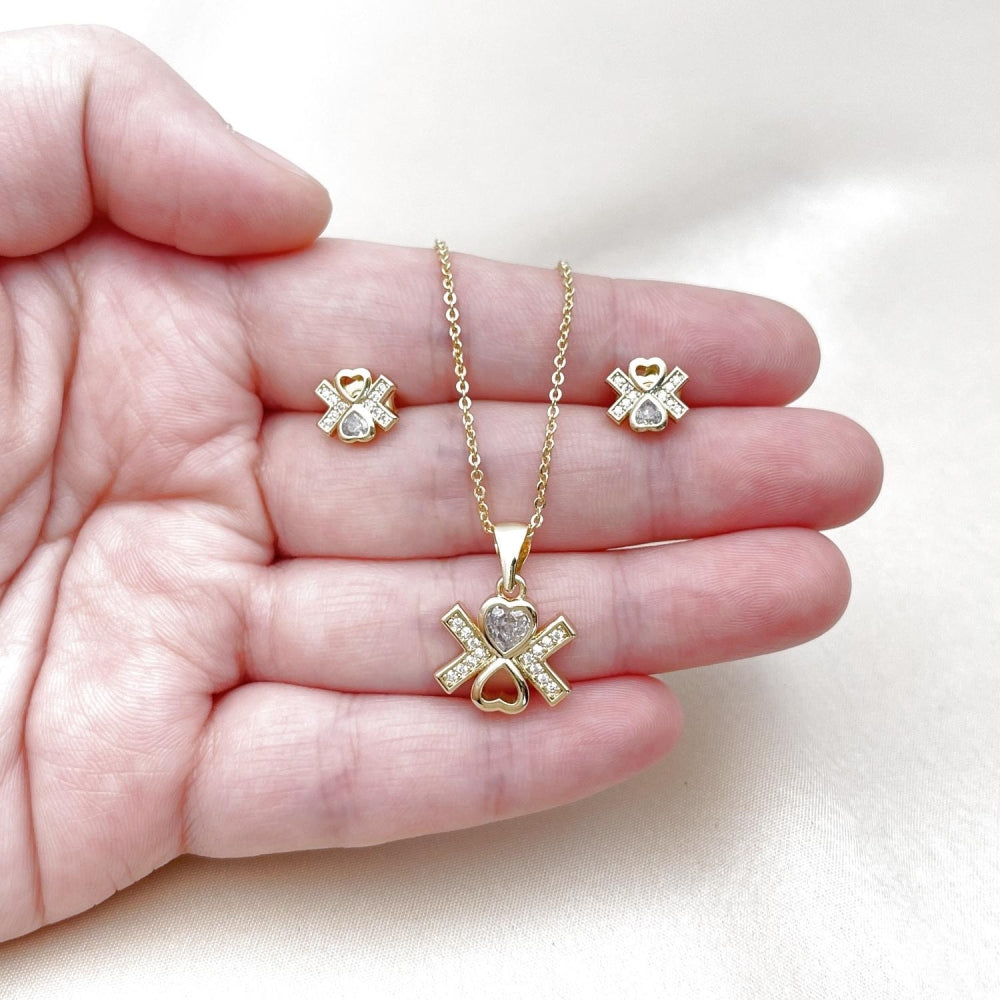 Oro Laminado Earring and Pendant Adult Set, Gold Filled Style Heart Design, with White Cubic Zirconia and White Micro Pave, Polished, Golden Finish