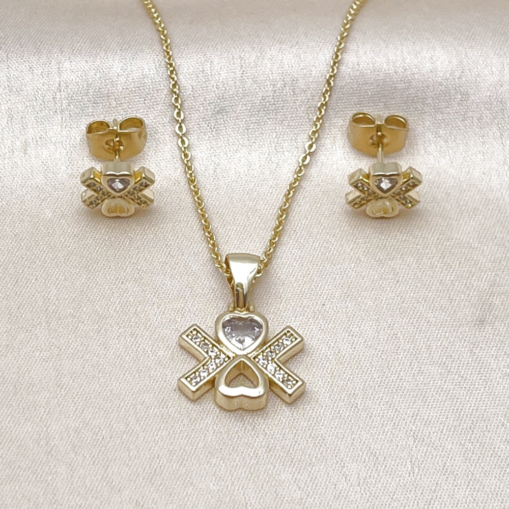 Oro Laminado Earring and Pendant Adult Set, Gold Filled Style Heart Design, with White Cubic Zirconia and White Micro Pave, Polished, Golden Finish