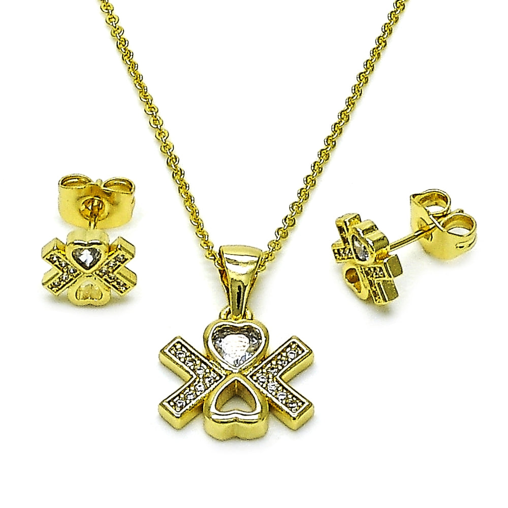 Oro Laminado Earring and Pendant Adult Set, Gold Filled Style Heart Design, with White Cubic Zirconia and White Micro Pave, Polished, Golden Finish