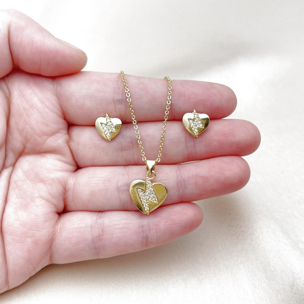 Oro Laminado Earring and Pendant Adult Set, Gold Filled Style Heart Design, with White Cubic Zirconia, Polished, Golden Finish
