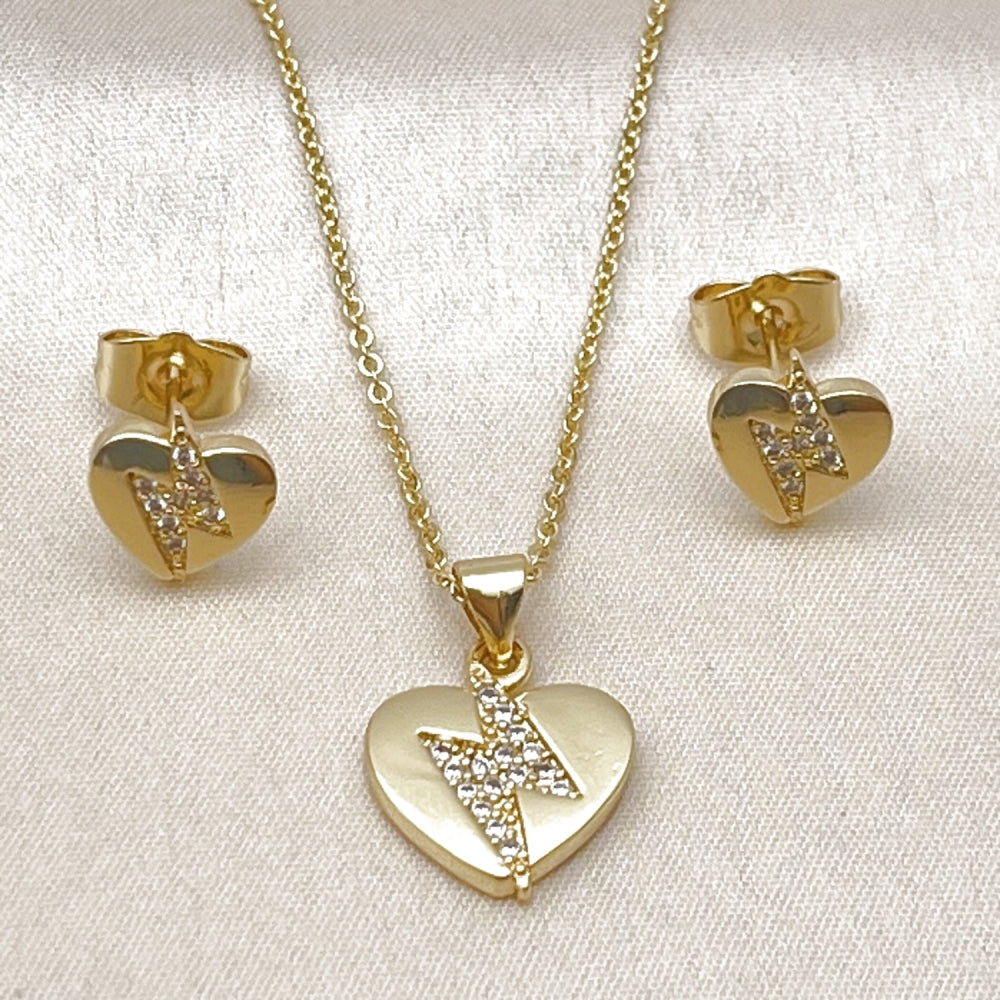 Oro Laminado Earring and Pendant Adult Set, Gold Filled Style Heart Design, with White Cubic Zirconia, Polished, Golden Finish