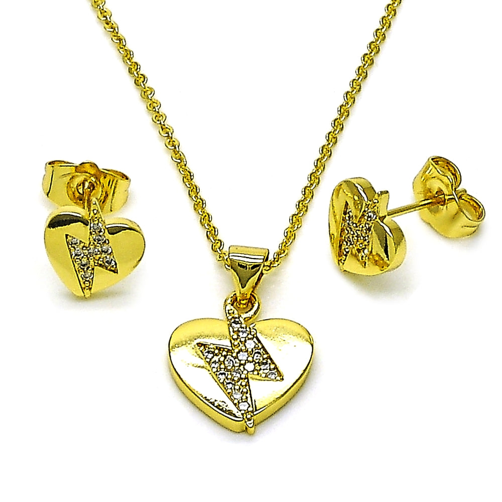 Oro Laminado Earring and Pendant Adult Set, Gold Filled Style Heart Design, with White Cubic Zirconia, Polished, Golden Finish