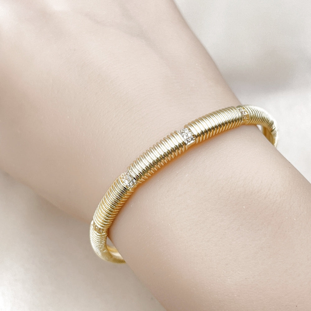 Oro Laminado Individual Bangle, Gold Filled Style with White Micro Pave, Polished, Golden Finish