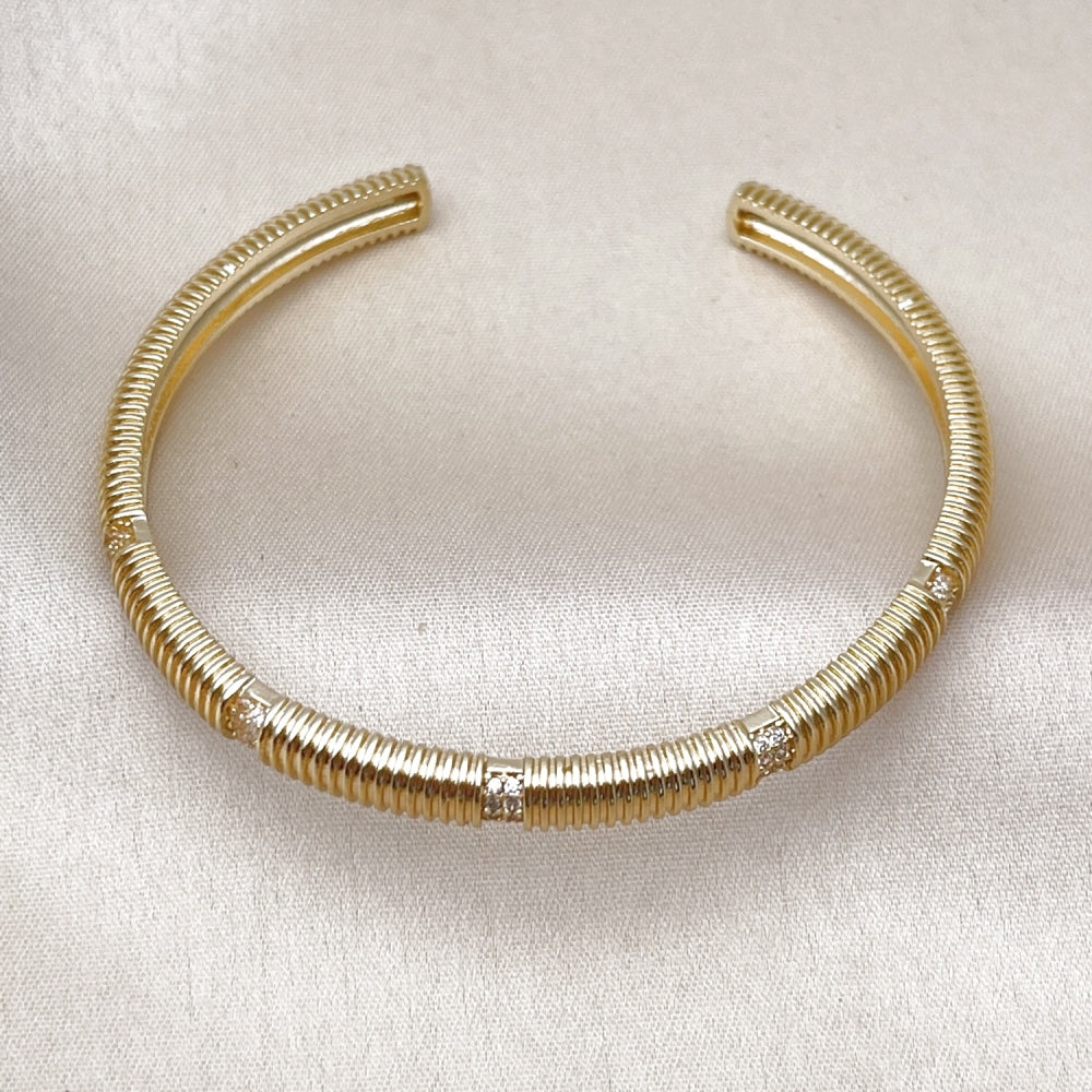 Oro Laminado Individual Bangle, Gold Filled Style with White Micro Pave, Polished, Golden Finish