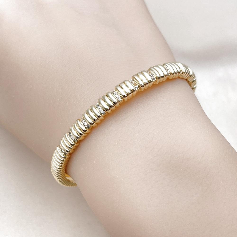 Oro Laminado Individual Bangle, Gold Filled Style with White Micro Pave, Polished, Golden Finish