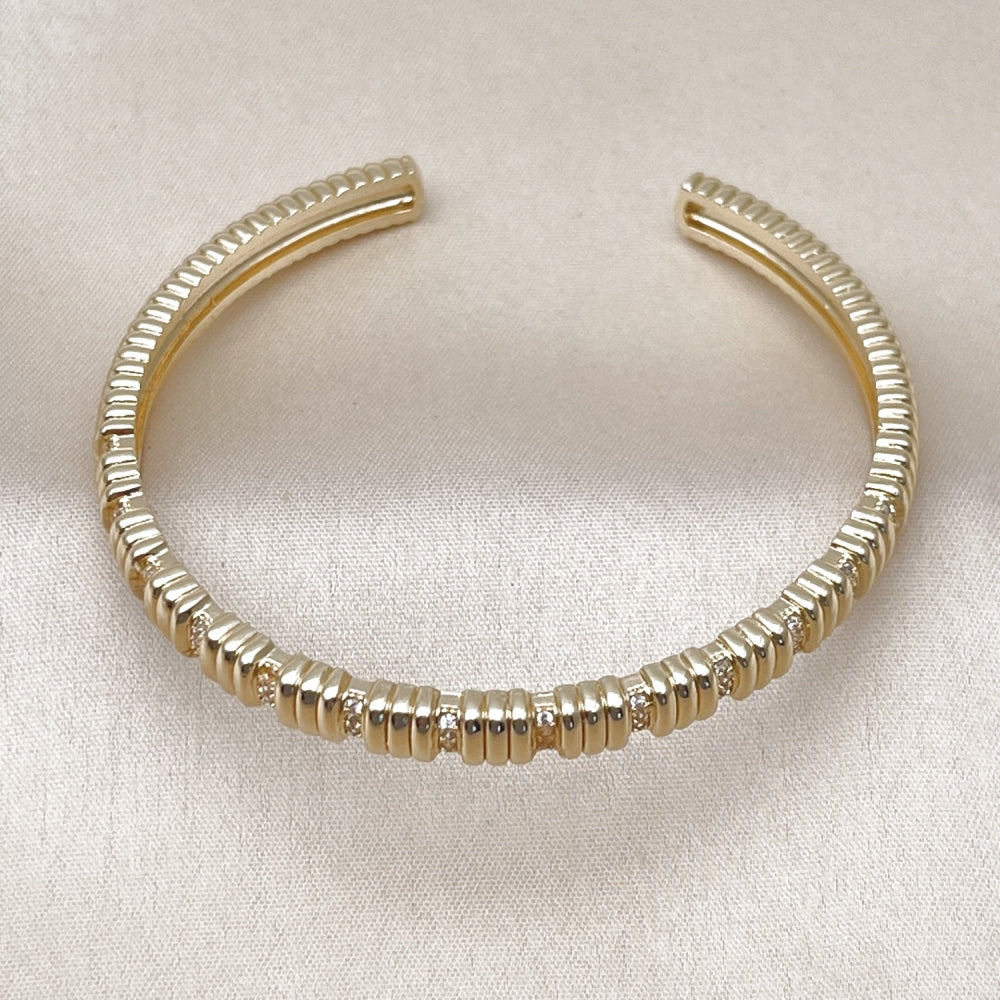Oro Laminado Individual Bangle, Gold Filled Style with White Micro Pave, Polished, Golden Finish
