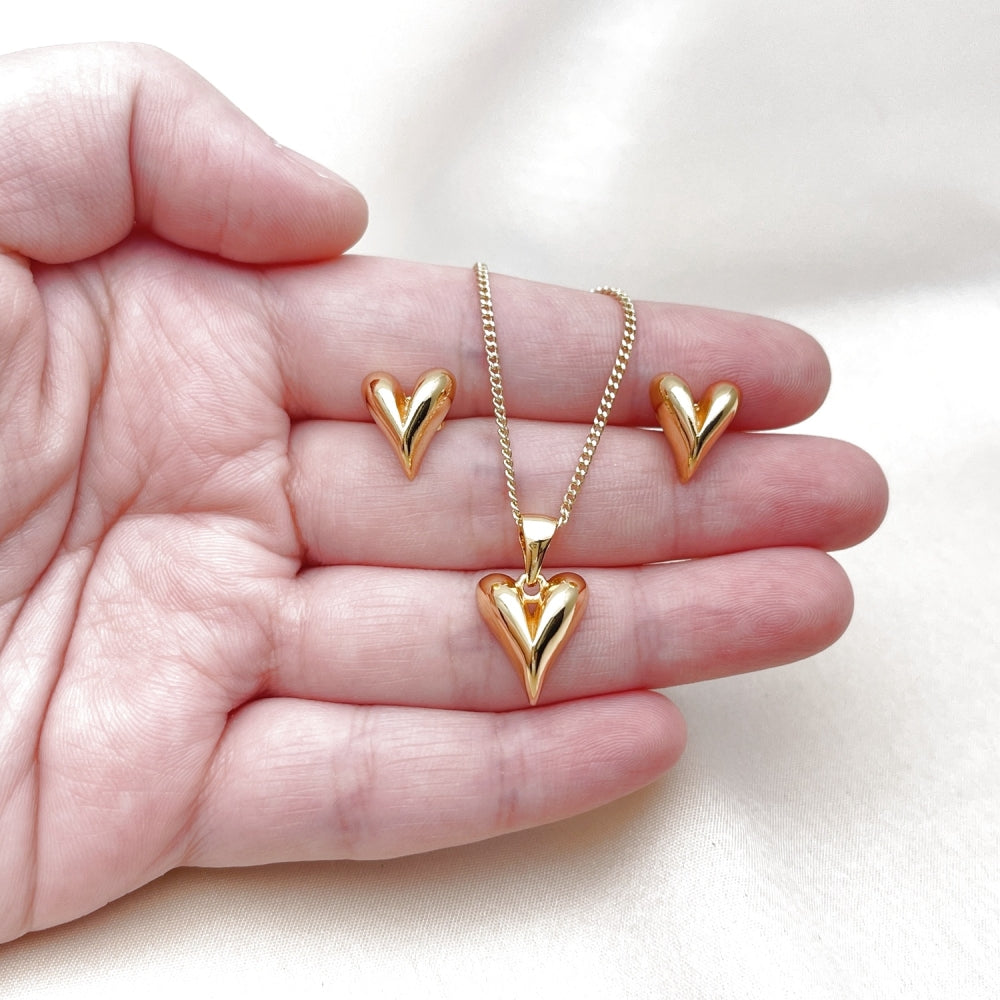 Oro Laminado Earring and Pendant Adult Set, Gold Filled Style Heart Design, Polished, Golden Finish