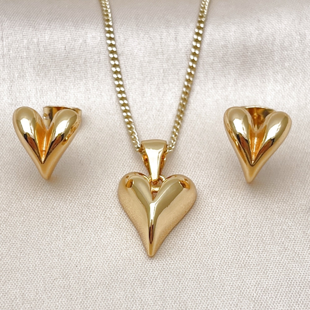 Oro Laminado Earring and Pendant Adult Set, Gold Filled Style Heart Design, Polished, Golden Finish