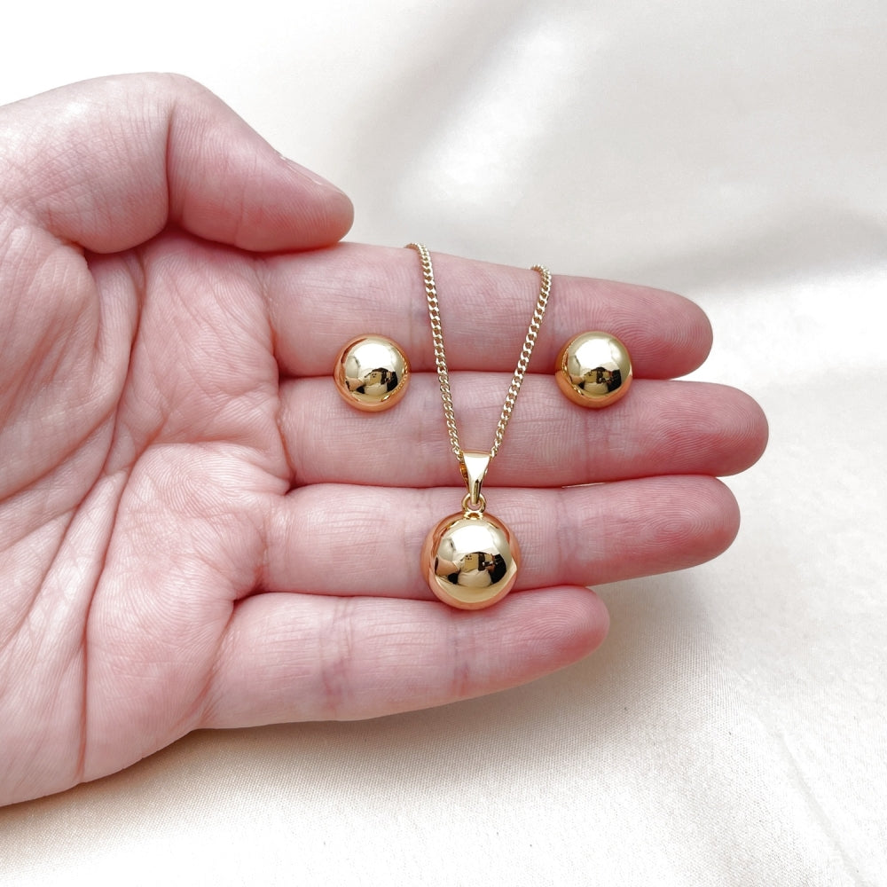 Oro Laminado Earring and Pendant Adult Set, Gold Filled Style Ball Design, Polished, Golden Finish