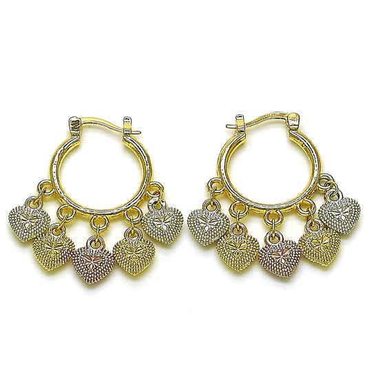 Oro Laminado Small Hoop, Gold Filled Style Heart Design, Diamond Cutting Finish, Tricolor