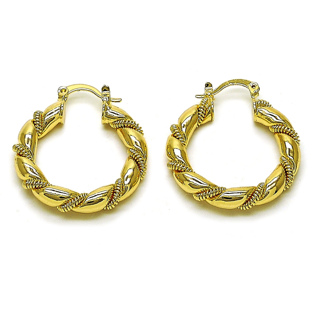 Oro Laminado Medium Hoop, Gold Filled Style Hollow and Twist Design, Polished, Golden Finish