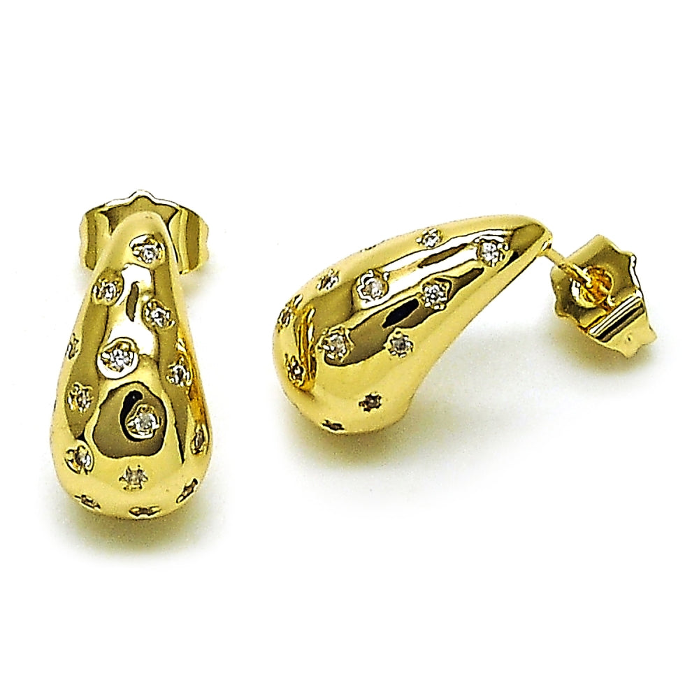 Oro Laminado Stud Earring, Gold Filled Style Teardrop Design, with White Cubic Zirconia, Polished, Golden Finish