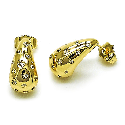 Oro Laminado Stud Earring, Gold Filled Style Teardrop Design, with White Cubic Zirconia, Polished, Golden Finish