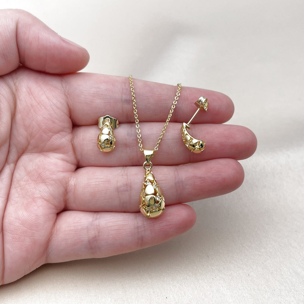 Oro Laminado Earring and Pendant Adult Set, Gold Filled Style Teardrop Design, with White Cubic Zirconia, Polished, Golden Finish