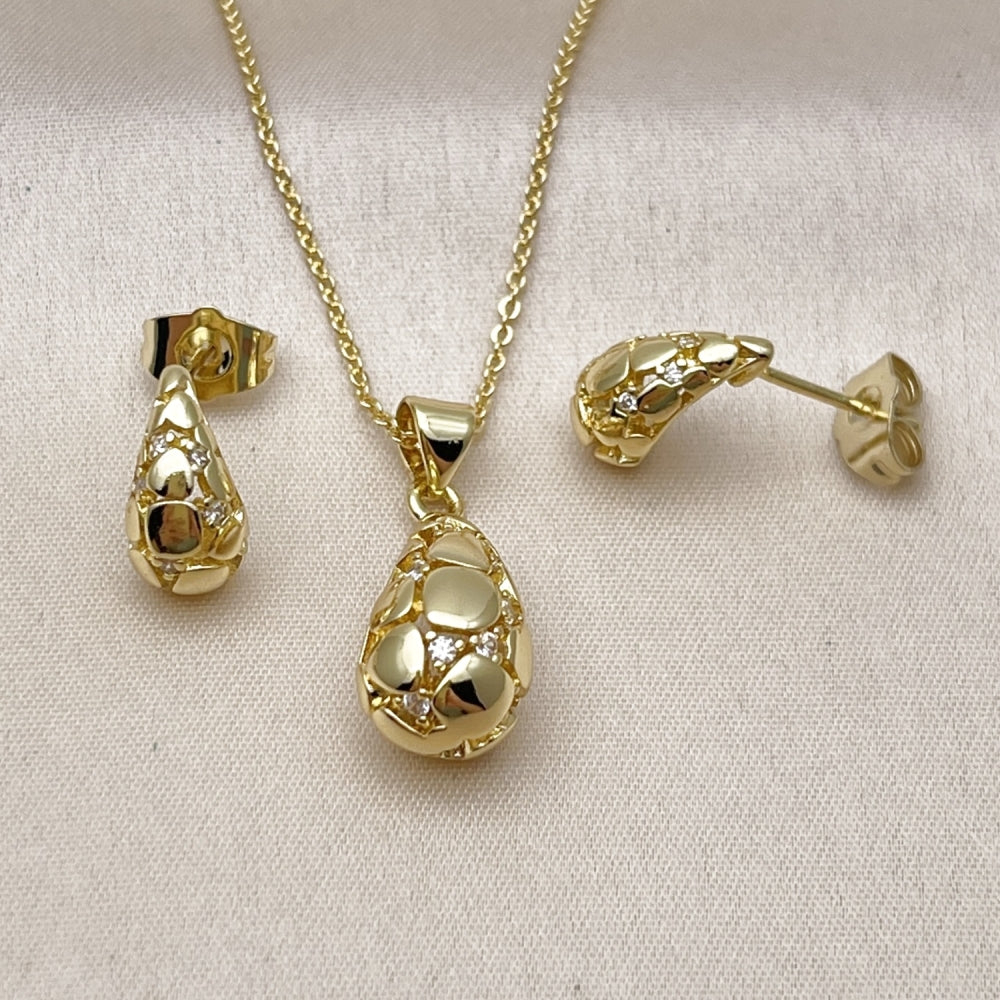 Oro Laminado Earring and Pendant Adult Set, Gold Filled Style Teardrop Design, with White Cubic Zirconia, Polished, Golden Finish
